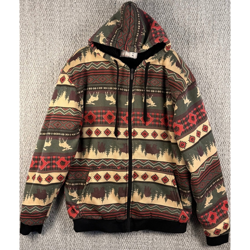 Big Ball Sports Sherpa Lined Hoodie XL Green Aztec Moose Bear Cabin Lodge Zip Up